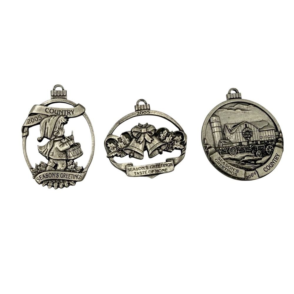 Country Christmas Ornaments Set 3 Silver Pewter Tone 2004 2005 Barn Bells